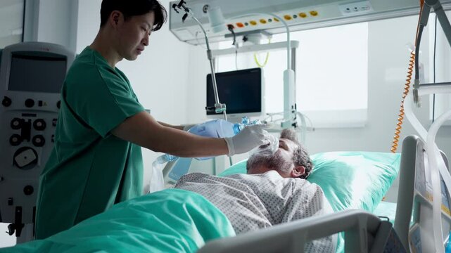 Doctor providing oxygen ventilation to unconscious patient in hospital.