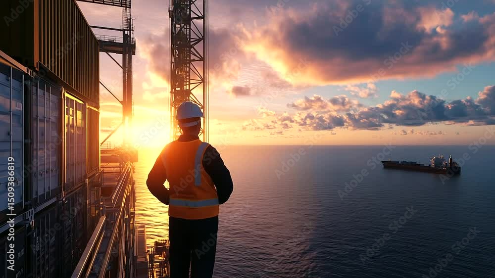 Aufkleber technician calibrating giant container crane sensors at top of towering structure, sweeping ocean vi