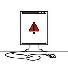 Computer monitor displaying warning sign with connecting cable  