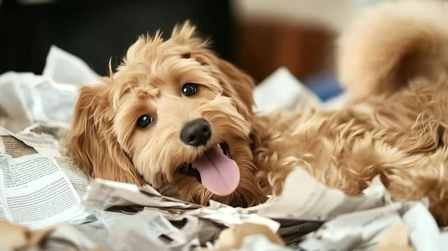 Shaggy golden doodle lying on its back in pile of torn newspapers, tongue out, clearly unbothered
