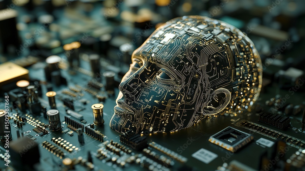 Poster artificial intelligence circuit board humanoid head digital art futuristic technology abstract netwo
