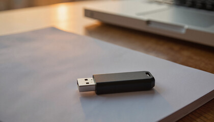 Fototapeta premium USB flash drive resting on a sheet of paper by the laptop