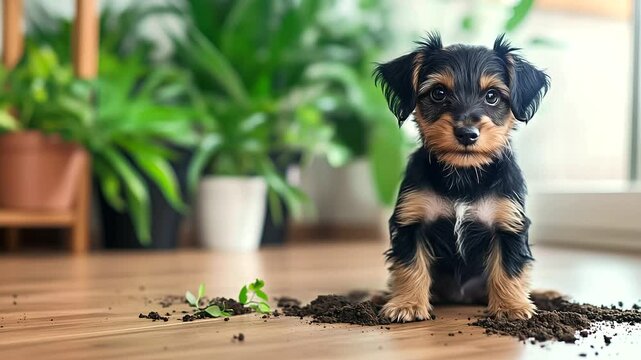 Close-up of mischievous terrier puppy sitting beside indoor plant tipped over, soil all over wooden floor