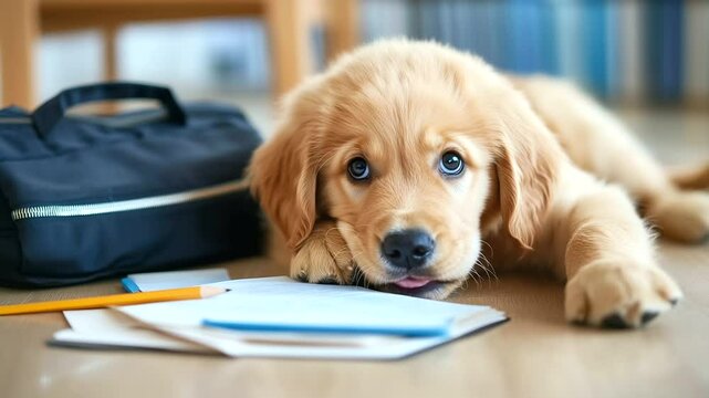 Golden retriever pup with half-eaten homework in mouth, sitting beside school bag in disarray
