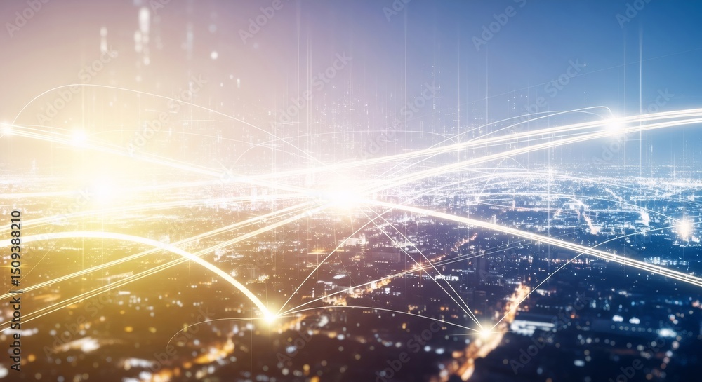 Poster futuristic city data network connecting with bright grid lines. digital transformation and smart cit