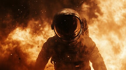 Astronaut in Fiery Explosion Dramatic Space Scene Powerful Orange and Brown Tones Intense Cosmic Fireball Digital Art Science Fiction Spaceman Helmet Suit Inferno Explosion Dust 