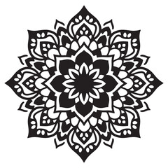A bold black mandala silhouette, like intricate ink strokes on a crisp white canvas sharp, detailed, and timeless.