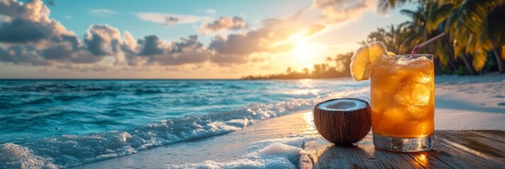 Coconuts and orange cocktail with ice cubes on the beach at sunset.