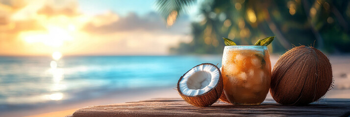Coconuts and orange cocktail with ice cubes on the beach at sunset.