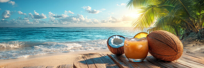 Coconuts and orange cocktail with ice cubes on the beach at sunset.