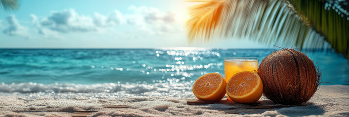 Coconuts and orange cocktail with ice cubes on the beach at sunset.