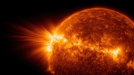 A magnificent solar prominence erupts from the surface of the sun, showcasing intense flames and energy. This breathtaking celestial event highlights the sun's dynamic nature and plasma movements