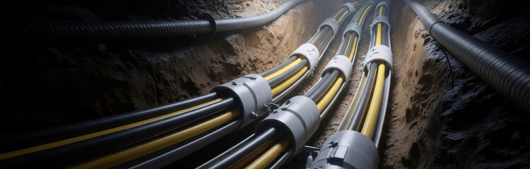 Underground power cables and internet communication lines in a dirt trench. City electrical network for utility infrastructure.