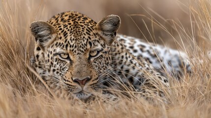 Fototapeta premium A leopard lies quietly in the tall grass, its intense gaze fixed on the surroundings, illuminated by the soft light of sunset in the African savanna
