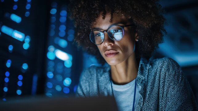 A dedicated young woman wearing glasses sits at her laptop in a high-tech data center. The glow from server racks illuminates her concentrated expression as she works late at night