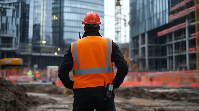 Security guard with high-visibility vest and radio surveys construction site perimeter, cranes and scaffolding behind
