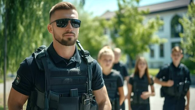 Security team leader with tactical belt and walkie-talkie instructs junior guards during public demonstration patrol