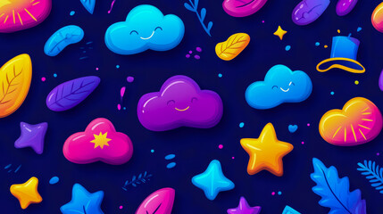Dreamscape Pattern: Playful Clouds, Stars, and Leaves on Dark Field, design for cheerful children's textile and room decor