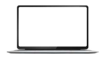 Sleek modern laptop computer, direct front view perspective, displaying a clean blank white screen. Technology device mockup. Isolated on transparent background.