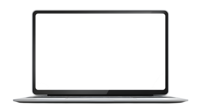 Sleek modern laptop computer, direct front view perspective, displaying a clean blank white screen. Technology device mockup. Isolated on transparent background.