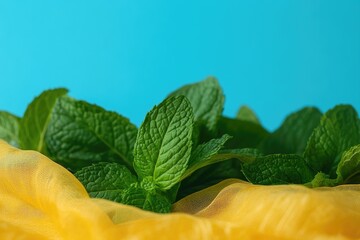 Fresh mint leaves against a vibrant blue and golden-yellow background