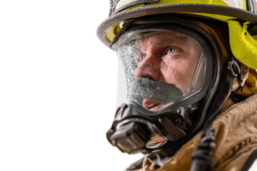 Caucasian male firefighter in gear looking up with determination, cut out