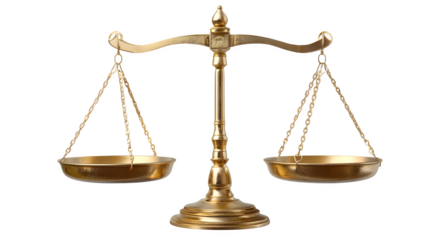 Traditional brass balance scale in perfect equilibrium, dual suspended pans, precision instrument. Legal and justice symbolism. Isolated on transparent background.