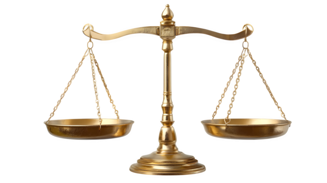 Traditional brass balance scale in perfect equilibrium, dual suspended pans, precision instrument. Legal and justice symbolism. Isolated on transparent background.