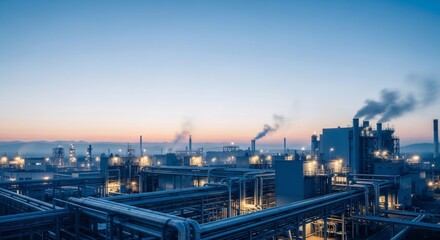 Fototapeta premium Industrial plant at dusk with illuminated buildings and smoke from chimneys. Energy production and city electrical network concept.