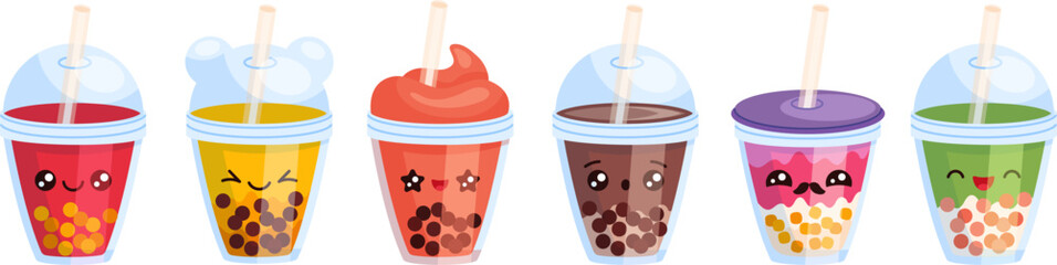 Cute Bubble Tea drinks kawaii cartoon vector illustration set.