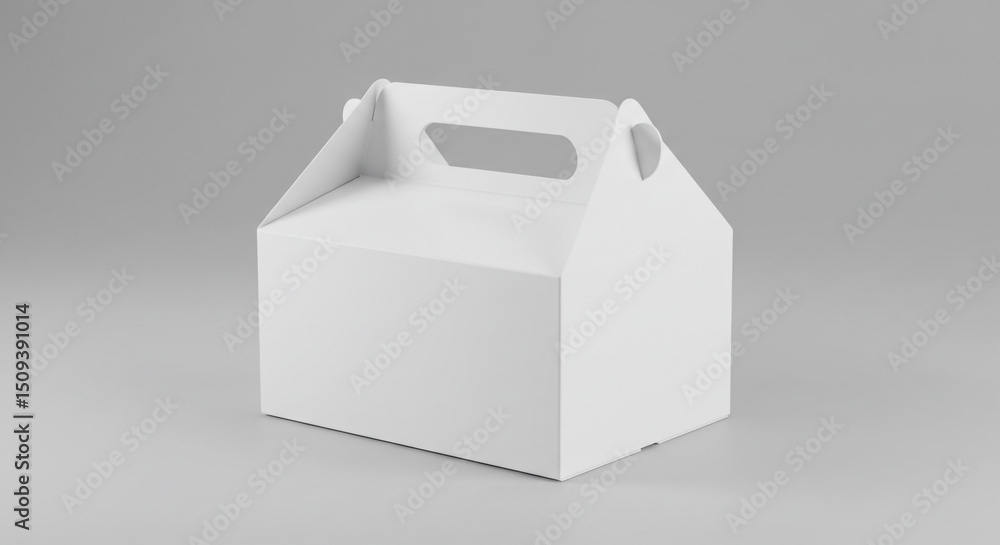 Poster a white cardboard box with a handle on a gray background in a studio shot for product presentation