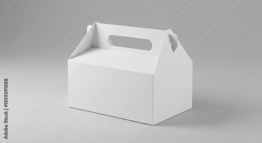 Poster a simple white cardboard box with a handle sits on a gray surface in a studio setting for product sh