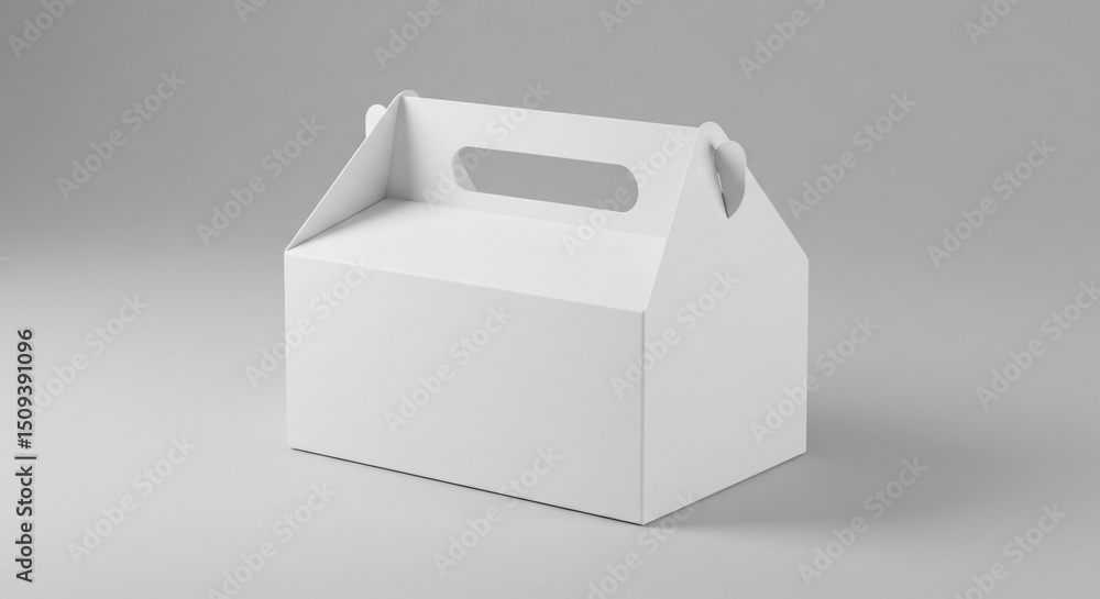 Poster a simple white cardboard box with a handle sits on a gray surface in a studio setting for product sh