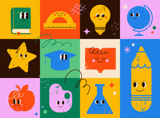 Seamless pattern with hand drawn classroom items characters. 