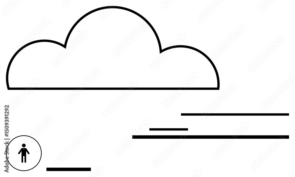 Poster cloud outline with simple person icon and horizontal lines conveying abstraction, connection, and in