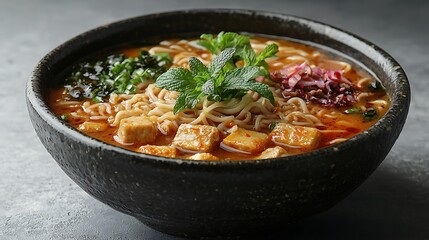 Rustic ceramic bowl holding spicy laksa delight high resolution picture
