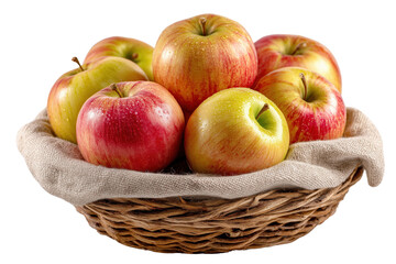Fresh apples in a woven basket with a linen cloth, showcasing vibrant colors and healthy appeal.