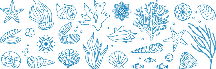Mediterranean underwater sea life doodle blue outline vector illustration set