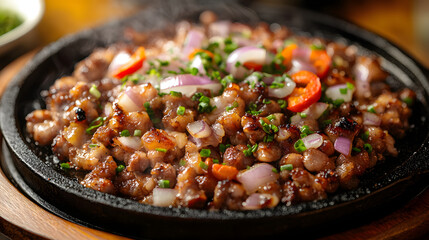 A mouth-watering Filipino pork sisig served sizzling on a fiery cast iron platter. The savory dish is crowned with vibrant chopped onions and fiery chili, delivering an unforgettable burst of flavor.