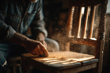 Crafting beauty as a person sands an old wooden chair in soft light