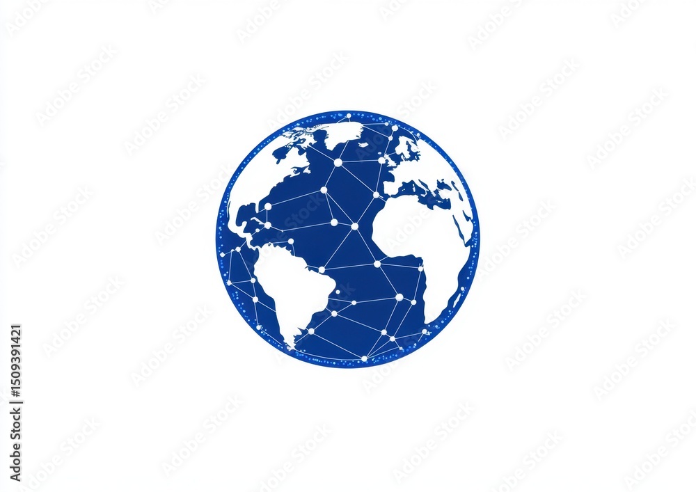 Poster a simple vector graphic of the earth with blue and white global network connections covering it on a
