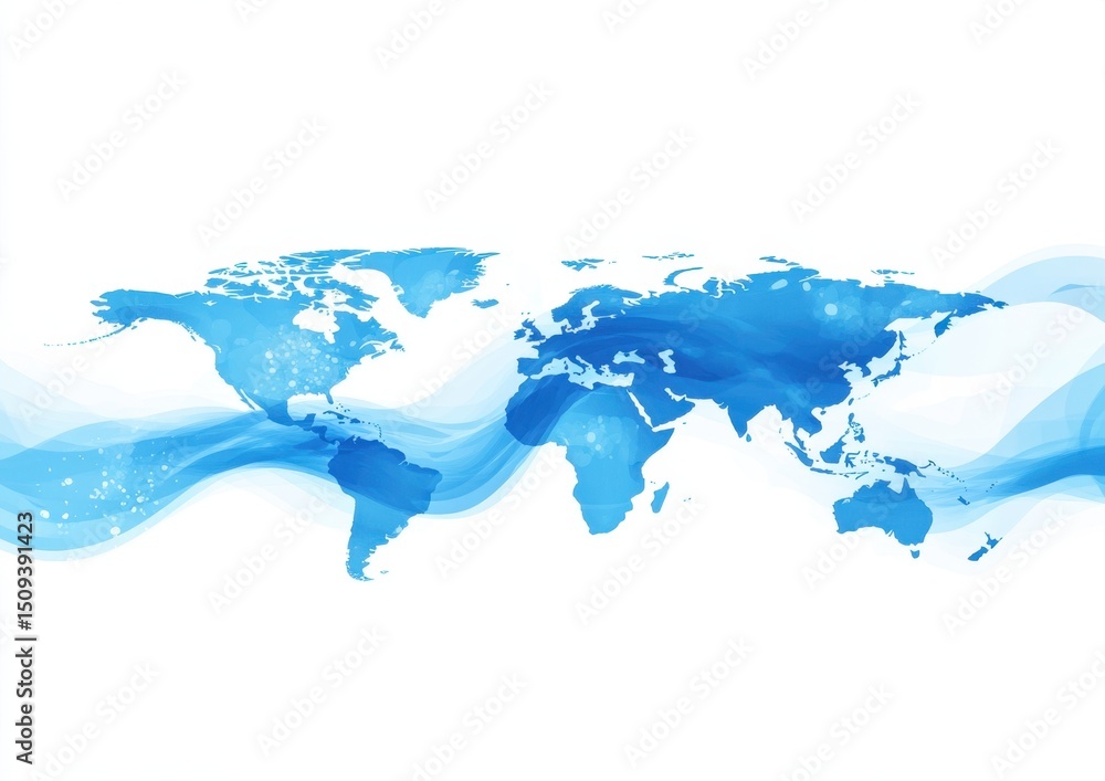 Poster abstract global network concept with a blue world map on a white background, in a flat design genera