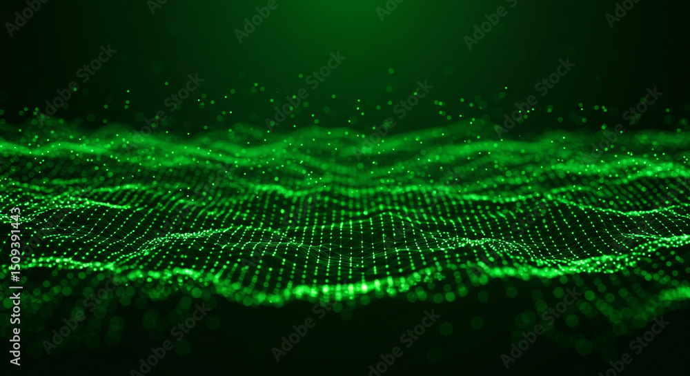 Poster a green digital landscape with glowing dots forming a wavy grid on a dark background with depth of f