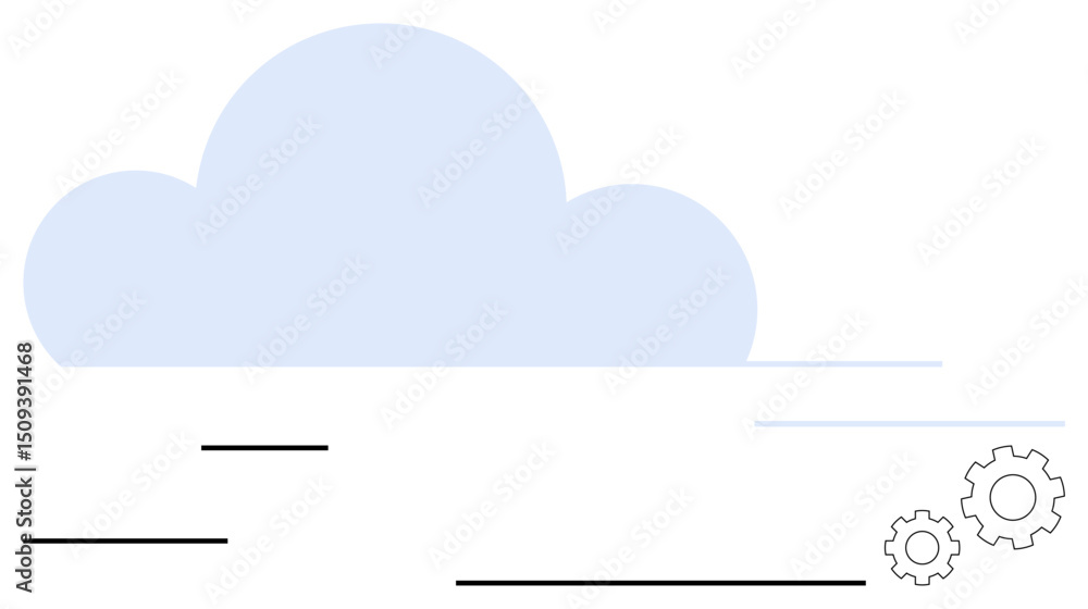 Poster blue cloud with black horizontal lines and two minimal gears in lower corner. ideal for technology, 