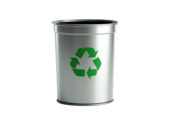 Metal recycling bin featuring the iconic green recycling symbol, isolated Isolated on transparent Background.