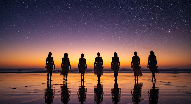 Seven women silhouettes walking on a wet beach at sunset under a starry sky and reflections visible