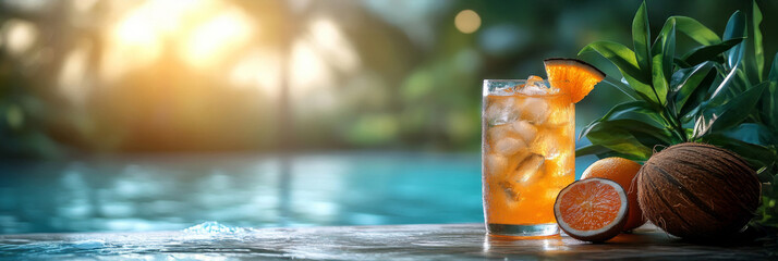 Orange coctail and coconut  with ice cubes on the beach at sunset.