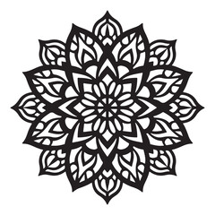 Abstract black and white floral mandala design with nature-inspired decorative elements
