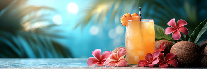 Tropical cocktail with ice on table with palm leaves and flowers