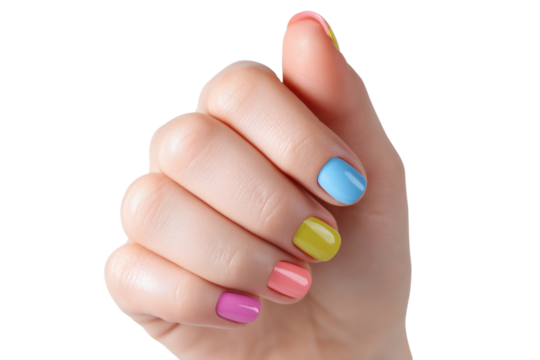 Vibrant manicured hand showcasing colorful nail polish colors on a white isolated background.
